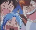 Botan, Keiko and Kuwabara laughing at Yusuke